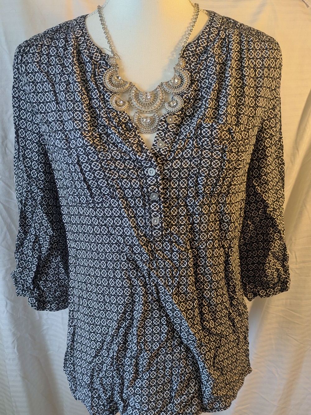 Christopher & Banks Black and White Printed Button Blouse